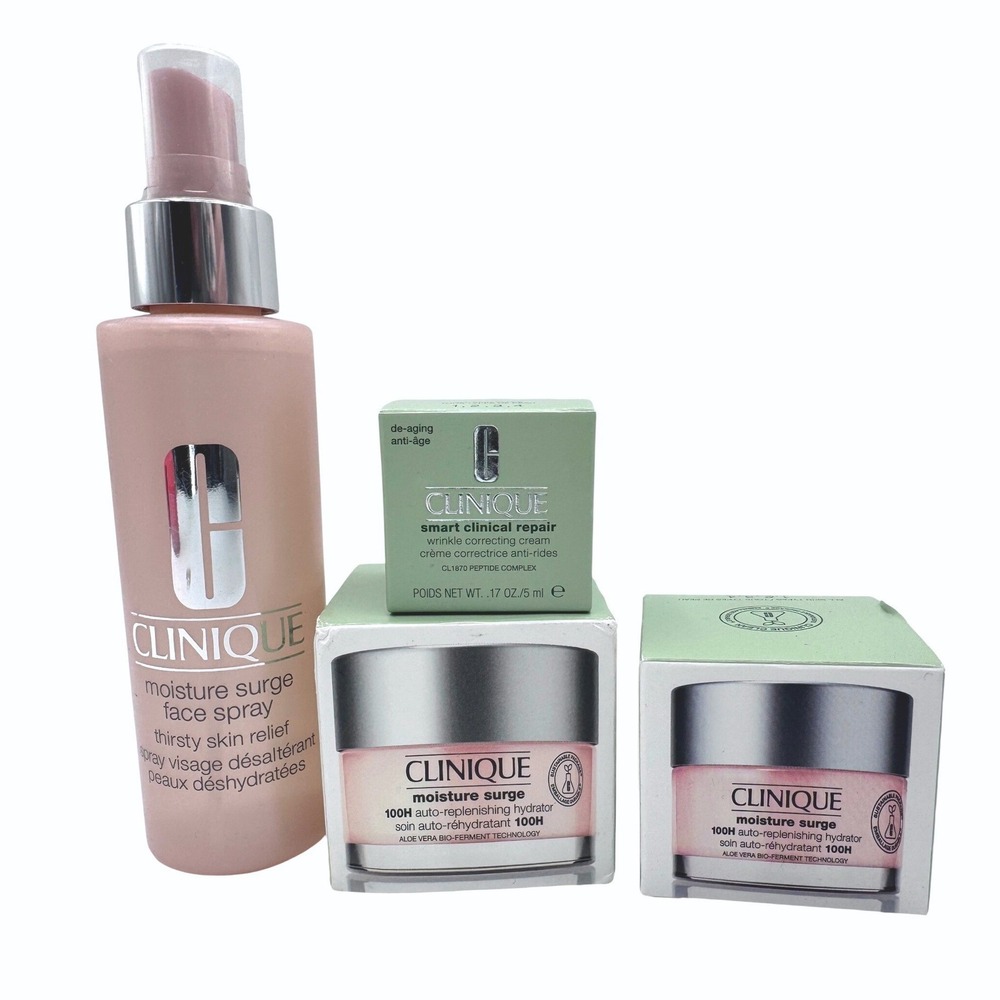 Clinique 4pc Pink Moisture Surge & Smart Repair Set Women's Skincare Bundle